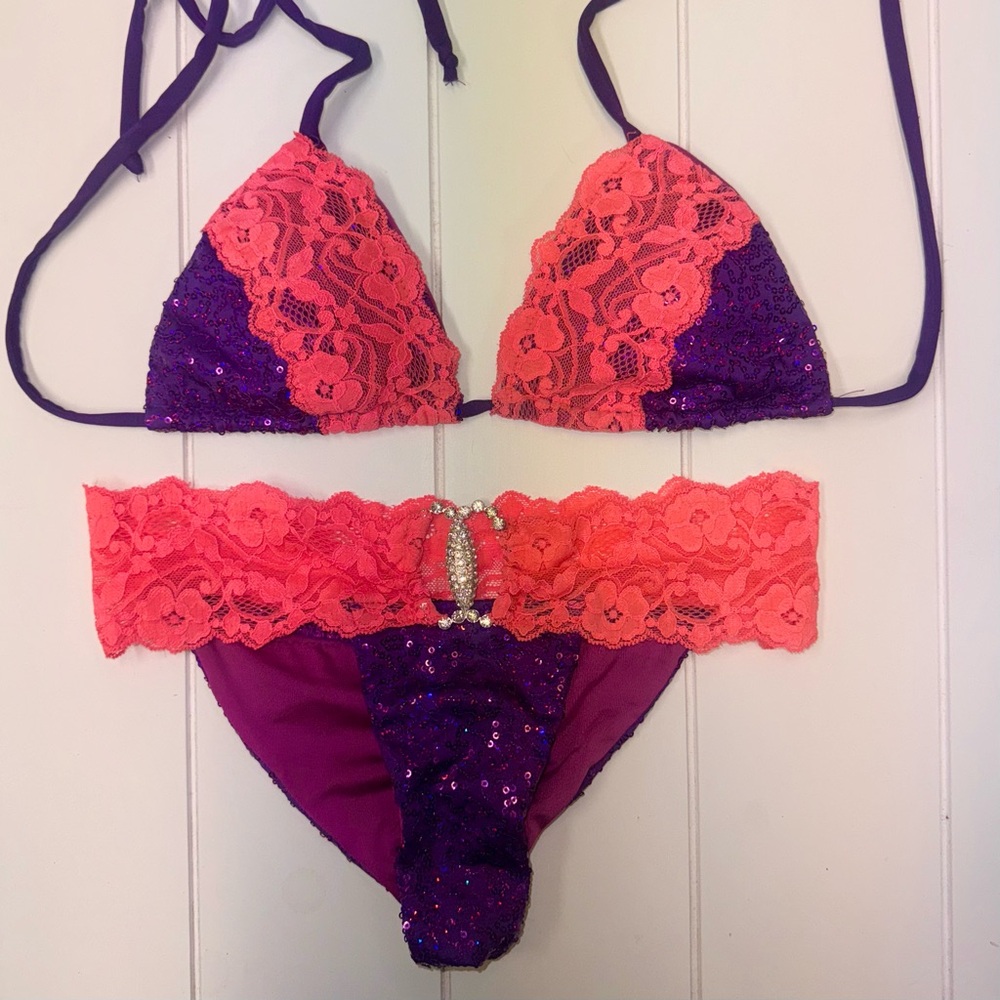 Lace embellished sequin bikini set